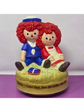 Raggedy Ann & Andy Sankyo Ceramic Music Box "School Days" Vintage Figurine